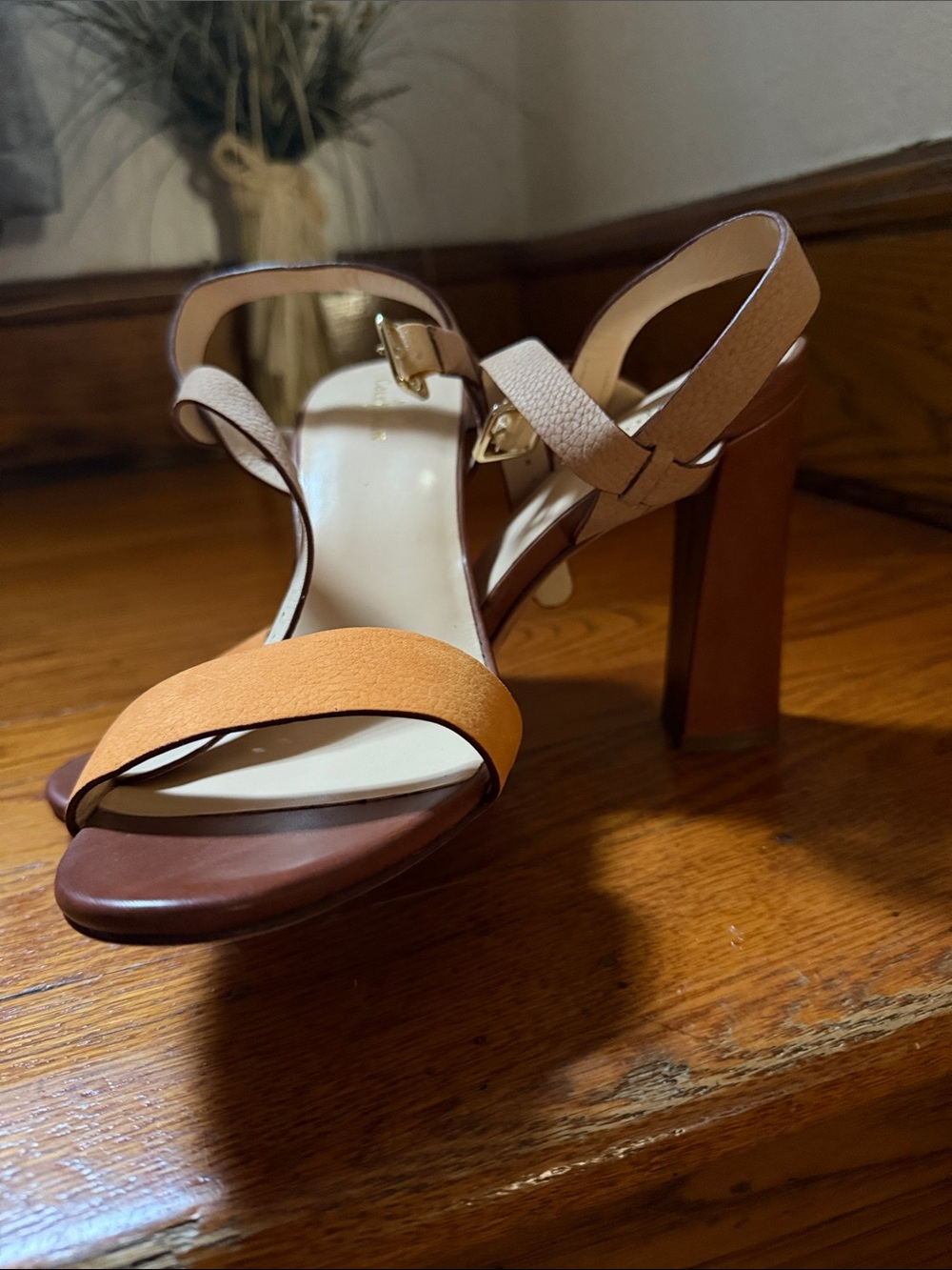 Cole Haan Two-Tone Tan & Orange Block Heel Sandals